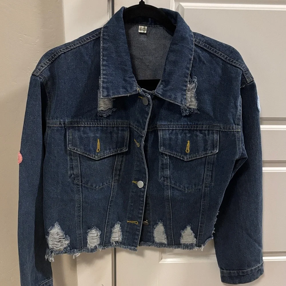 Handmade Embroidered Denim Jacket - Blue with Pastel Puff Text - Picture 3 of 7